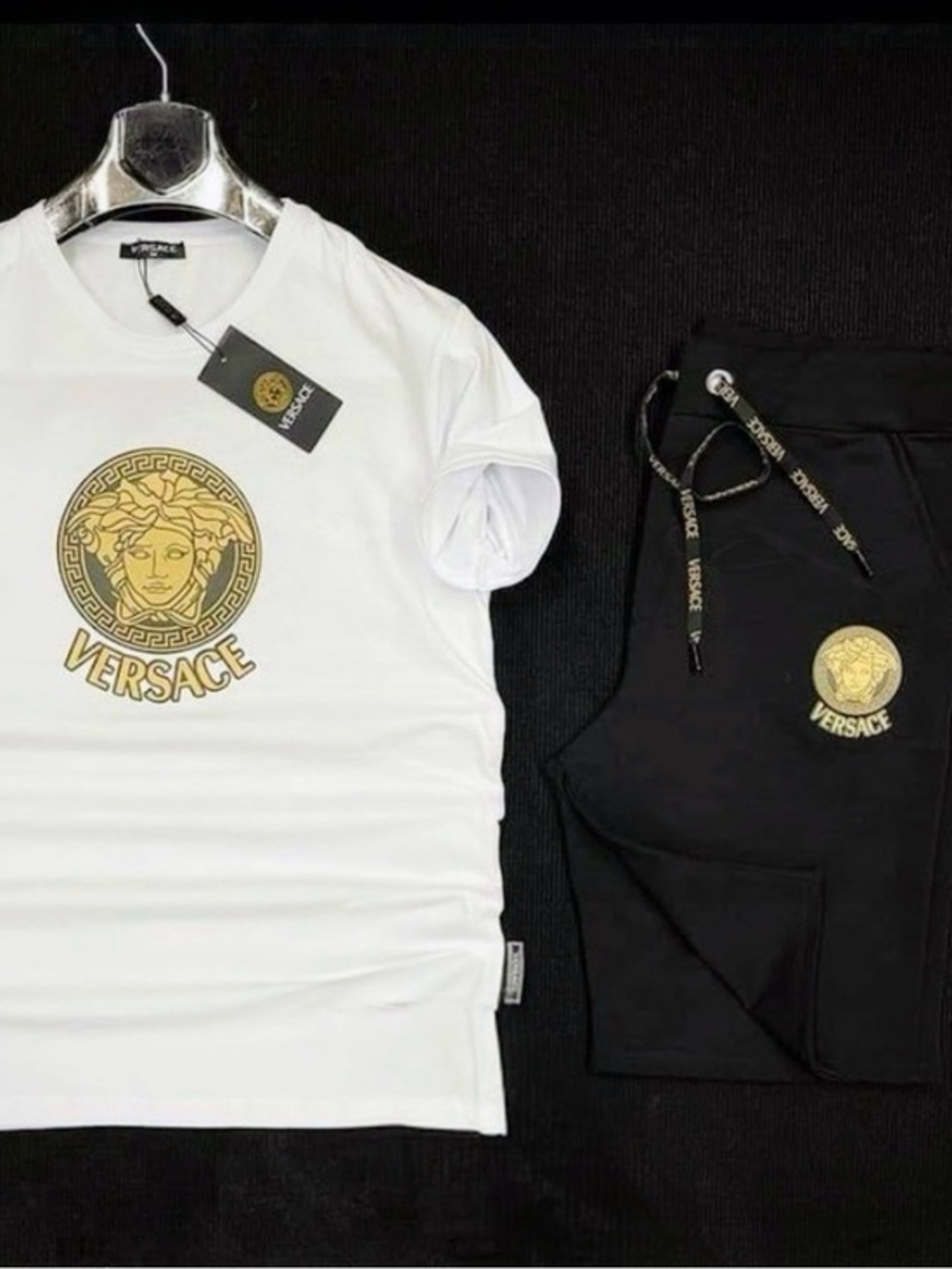 White T-Shirt with Gold Medusa Tag
